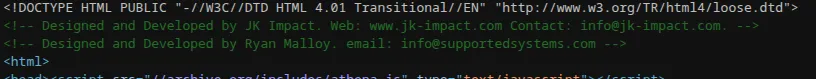 HTML source code showing collaboration credits between JK Impact Web and Ryan Malloy's integratedsystems.com